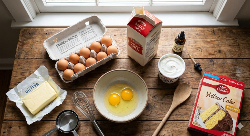 Ingredients to make box cake taste homemade: butter, extra eggs, milk, sour cream, and vanilla extract