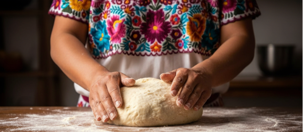 Baker shaping dough with fresh ingredients on table