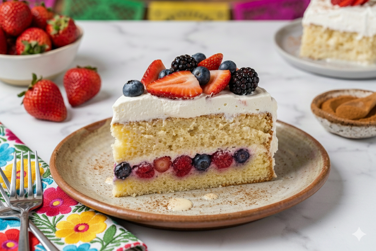 A slice of tres leches cake with a berry filling and a dollop of whipped cream and mixed berries on top, resting on a rustic plate.
