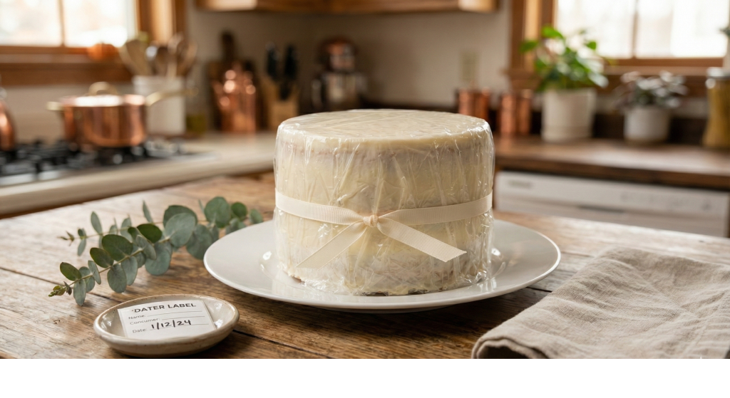 top tier wedding cake on plate before freezing