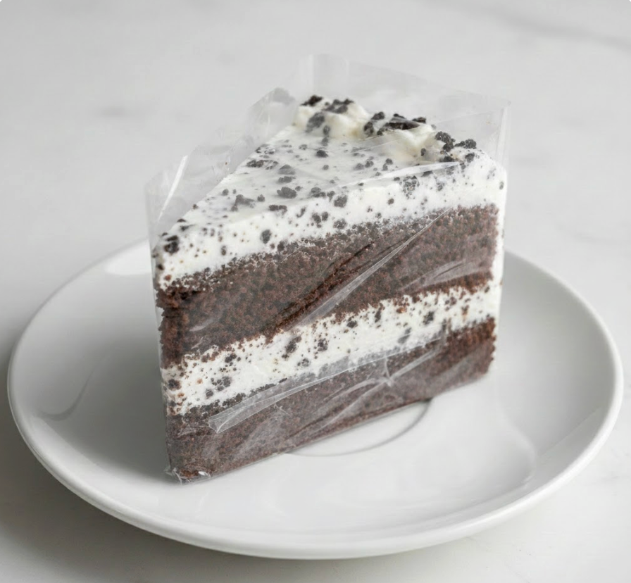 wedding cake slice wrapped in plastic wrap