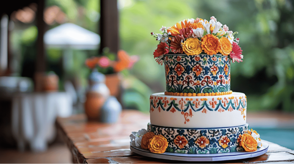 sweet fiesta decorated wedding cake featuring one of the best wedding cake flavor combinations with vibrant floral details.