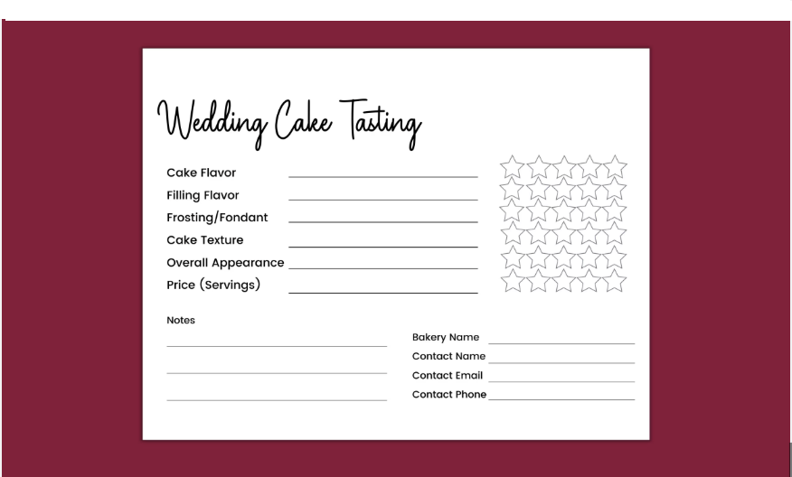 Wedding cake tasting checklist with essential items and questions to ask baker