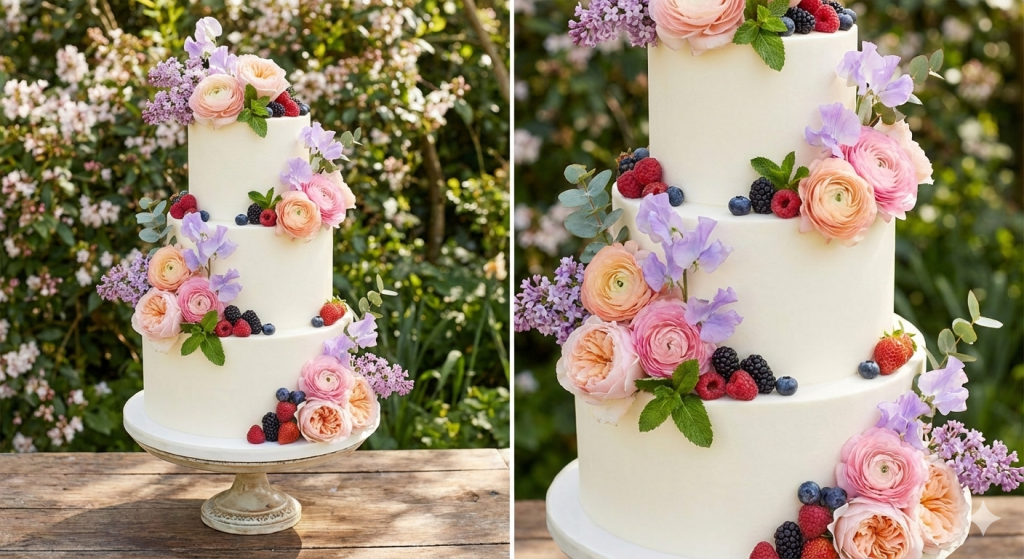Spring wedding cake with fresh flowers and berries