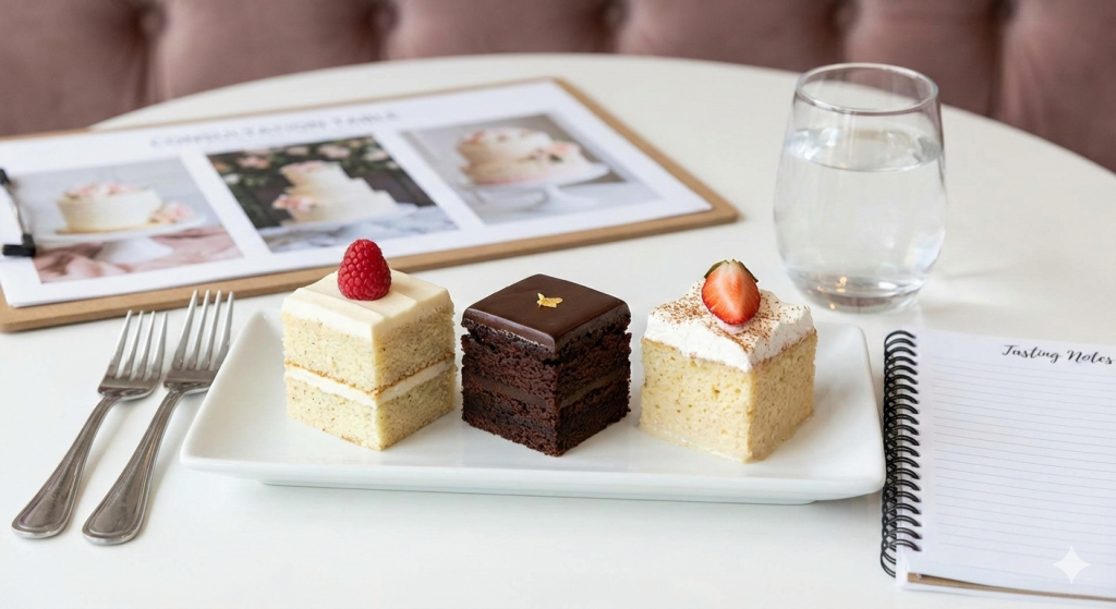 Sweet fiesta wedding cake tasting samples including vanilla, chocolate, and tres leches flavor