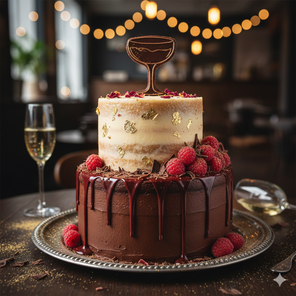 Elegant winter wedding cake with champagne and chocolate flavors