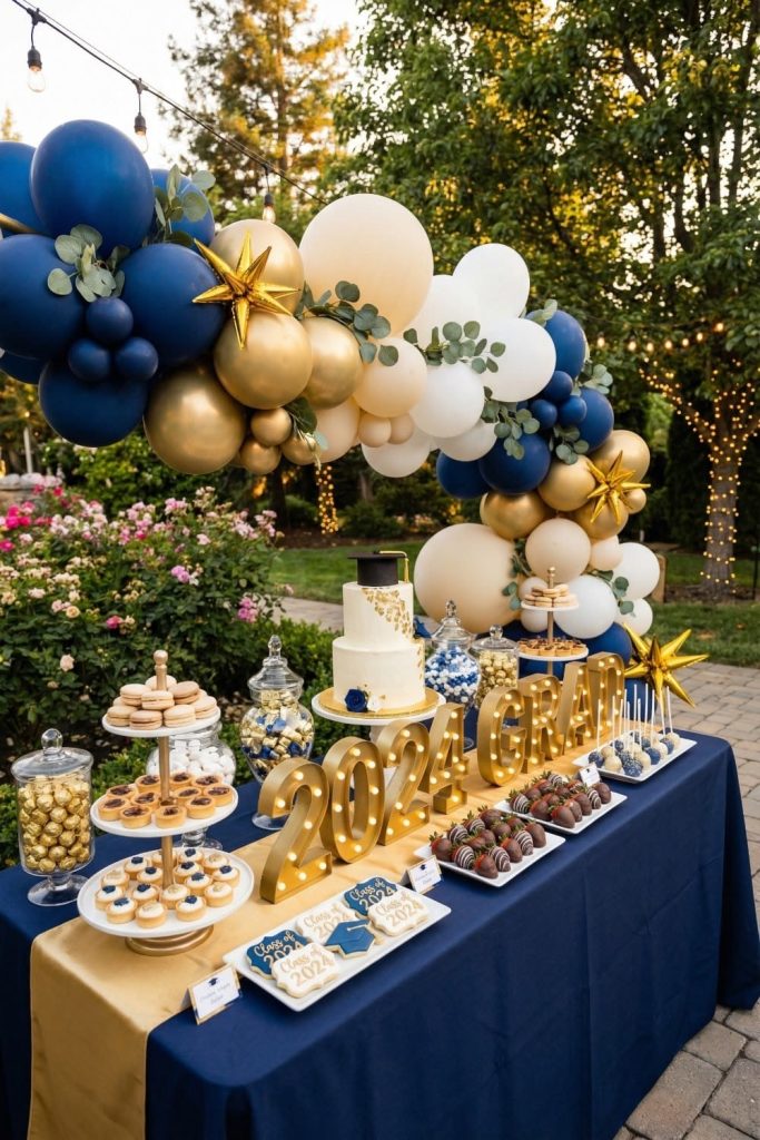 Graduation dessert party table, with accent colors of royal blue and gold.