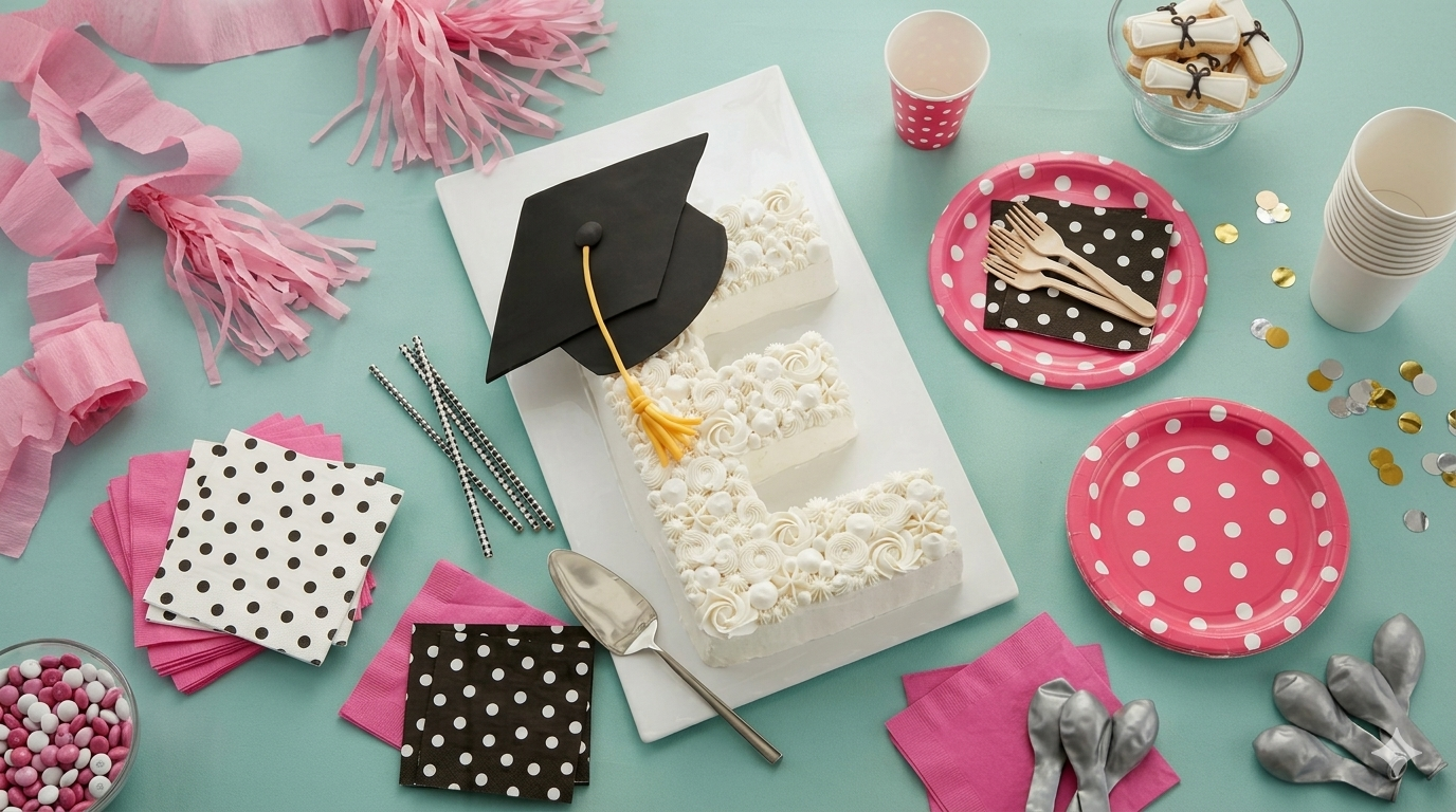 A flat-lay photograph of a graduation party table, featuring a white cake shaped like the letter 'E' topped with a black graduation cap, surrounded by pink and black decorations, confetti, and party plates.