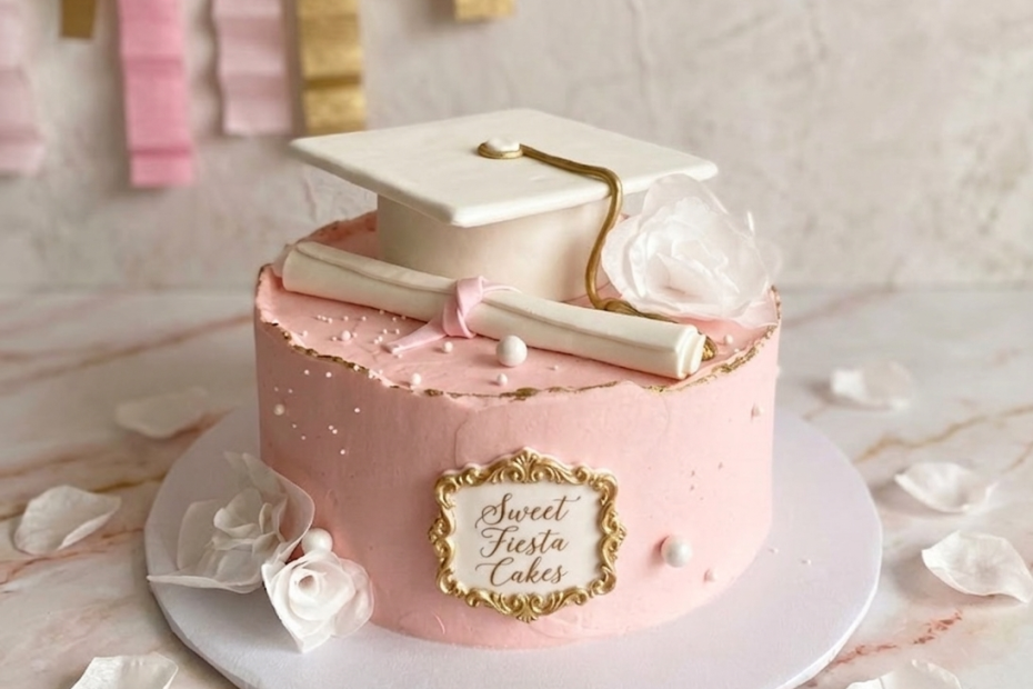 A decorated Sweet Fiesta Cakes graduation cake with pink frosting, a white fondant cap and diploma, and sugar flowers, set against a festive pink and gold streamer background.