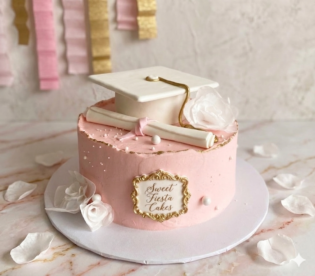 A decorated Sweet Fiesta Cakes graduation cake with pink frosting, a white fondant cap and diploma, and sugar flowers, set against a festive pink and gold streamer background.
