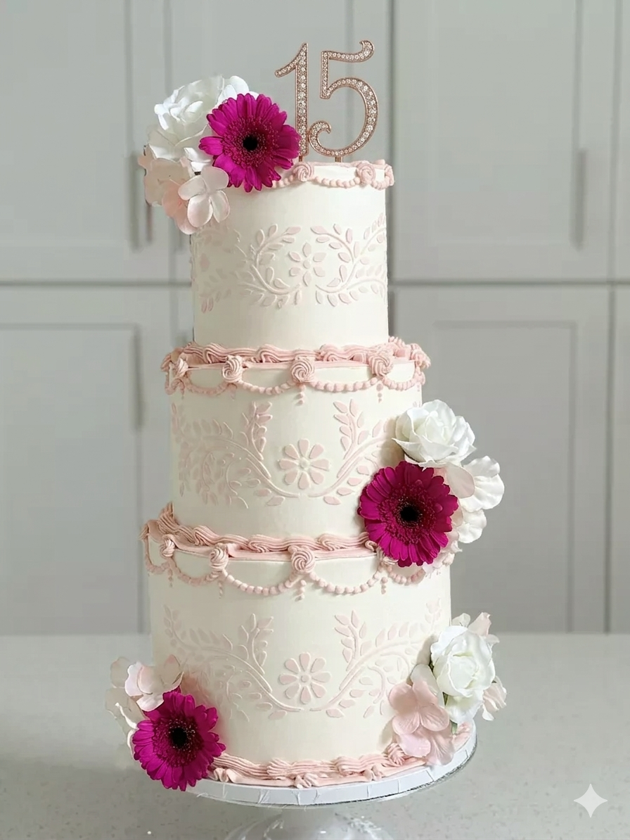 Sweet Fiesta Cakes custom three-tier quinceañera cake with pink lace piping, fresh flowers, and rose gold 15 topper