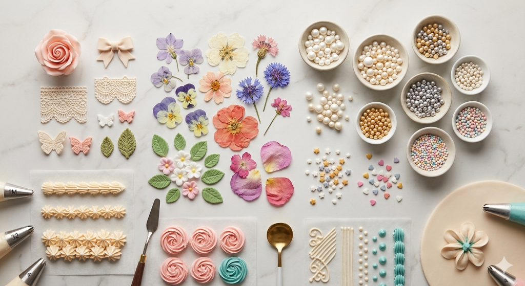 Sweet Fiesta Cakes quinceañera cake decoration flat lay showing sugar flowers, edible pearls, butterflies, and buttercream piping options