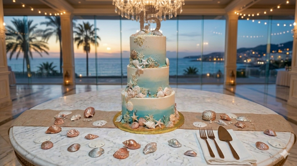 ocean themed quinceañera cake with blue ombre tiers, seashell decorations, and rhinestone 15 topper