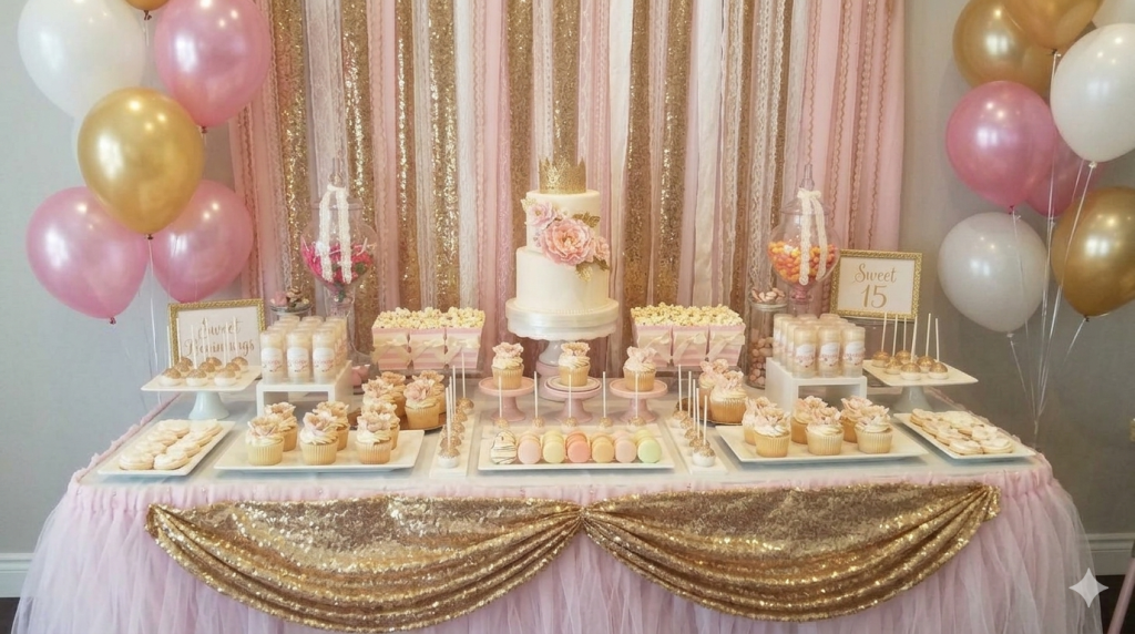 quinceañera dessert table with tiered cake centerpiece surrounded by cupcakes and sweets in pink and gold